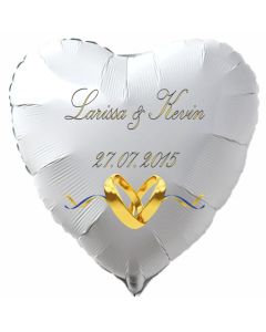 Luftballon zur Hochzeit, Herzballon aus Folie inklusive Helium mit den Namen von Braut und Bräutigam und Datum des Hochzeitstages, weiß mit goldenen Hochzeitsringen