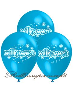 Motiv-Luftballons Willkommen, himmelblau, 3 Stueck