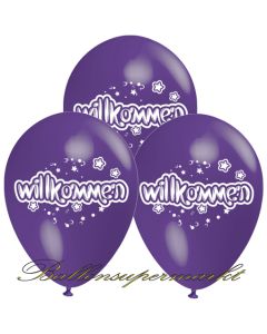 Motiv-Luftballons Willkommen, lila, 3 Stueck
