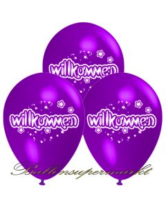 Motiv-Luftballons Willkommen, violett, 3 Stueck