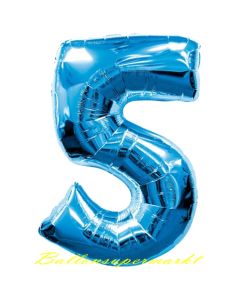 Zahlendekoration Zahl 5, Fünf, Großer Luftballon aus Folie, Blau, 1 Meter hoch, Folienballon Dekozahl