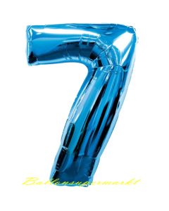 Zahlendekoration Zahl 7, Sieben, Großer Luftballon aus Folie, Blau, 1 Meter hoch, Folienballon Dekozahl