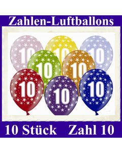 Luftballons mit der Zahl 10 zum 10. Geburtstag, 10 Stück, bunt gemischt, 30-33 cm