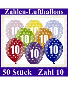 Luftballons mit der Zahl 10 zum 10. Geburtstag, 50 Stück, bunt gemischt, 30-33 cm