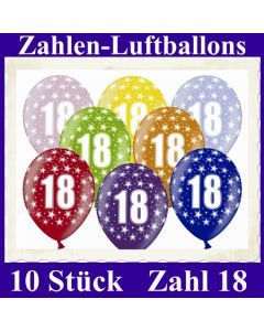 Luftballons mit der Zahl 18 zum 18. Geburtstag, 10 Stück, bunt gemischt, 30-33 cm