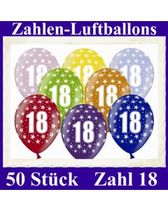 Luftballons mit der Zahl 18 zum 18. Geburtstag, 50 Stück, bunt gemischt, 30-33 cm