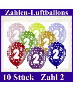 Luftballons mit der Zahl 2 zum 2. Geburtstag, 10 Stück, bunt gemischt, 30-33 cm