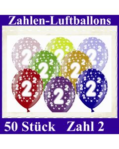 Luftballons mit der Zahl 2 zum 2. Geburtstag, 50 Stück, bunt gemischt, 30-33 cm