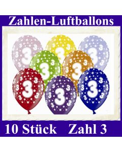 Luftballons mit der Zahl 3 zum 3. Geburtstag, 10 Stück, bunt gemischt, 30-33 cm