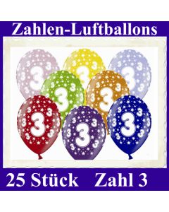 Luftballons mit der Zahl 3 zum 3. Geburtstag, 25 Stück, bunt gemischt, 30-33 cm