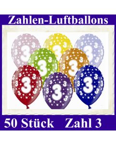 Luftballons mit der Zahl 3 zum 3. Geburtstag, 50 Stück, bunt gemischt, 30-33 cm