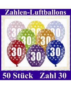 Luftballons mit der Zahl 30 zum 30. Geburtstag, 50 Stück, bunt gemischt, 30-33 cm