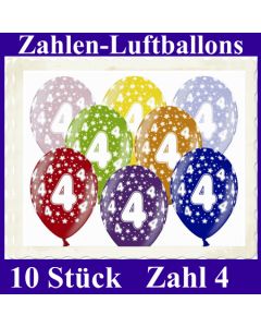 Luftballons mit der Zahl 4 zum 4. Geburtstag, 10 Stück, bunt gemischt, 30-33 cm