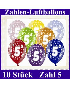 Luftballons mit der Zahl 5 zum 5. Geburtstag, 10 Stück, bunt gemischt, 30-33 cm