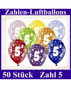 Luftballons mit der Zahl 5 zum 5. Geburtstag, 50 Stück, bunt gemischt, 30-33 cm
