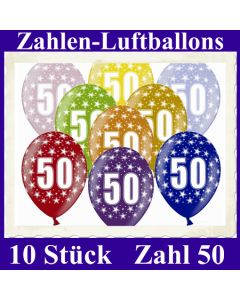 Luftballons mit der Zahl 50 zum 50. Geburtstag, 10 Stück, bunt gemischt, 30-33 cm