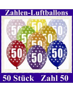 Luftballons mit der Zahl 50 zum 50. Geburtstag, 50 Stück, bunt gemischt, 30-33 cm