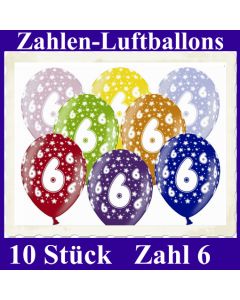 Luftballons mit der Zahl 6 zum 6. Geburtstag, 10 Stück, bunt gemischt, 30-33 cm
