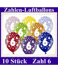 Luftballons mit der Zahl 6 zum 6. Geburtstag, 10 Stück, bunt gemischt, 30-33 cm
