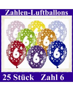 Luftballons mit der Zahl 6 zum 6. Geburtstag, 25 Stück, bunt gemischt, 30-33 cm