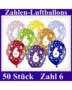 Luftballons mit der Zahl 6 zum 6. Geburtstag, 50 Stück, bunt gemischt, 30-33 cm