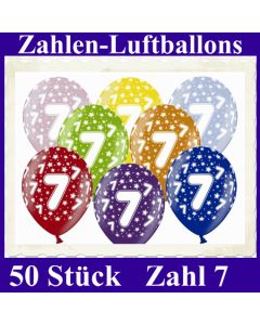 Luftballons mit der Zahl 7 zum 7. Geburtstag, 50 Stück, bunt gemischt, 30-33 cm