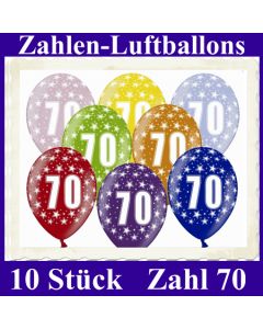 Luftballons mit der Zahl 70 zum 70. Geburtstag, 10 Stück, bunt gemischt, 30-33 cm