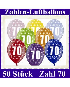 Luftballons mit der Zahl 70 zum 70. Geburtstag, 50 Stück, bunt gemischt, 30-33 cm