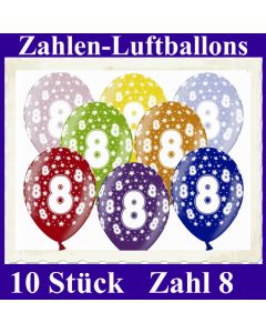 Luftballons mit der Zahl 8 zum 8. Geburtstag, 10 Stück, bunt gemischt, 30-33 cm