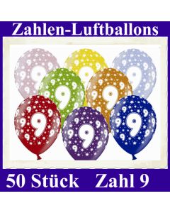 Luftballons mit der Zahl 9 zum 9. Geburtstag, 50 Stück, bunt gemischt, 30-33 cm