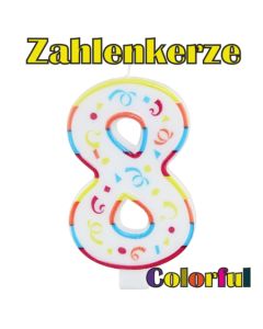 Zahlenkerze Zahl 8, Colorful Candle, zu Geburtstag, Jubiläum und Kindergeburtstag