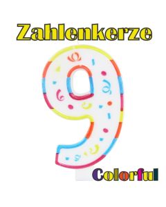 Zahlenkerze Zahl 9, Colorful Candle, zu Geburtstag, Jubiläum und Kindergeburtstag