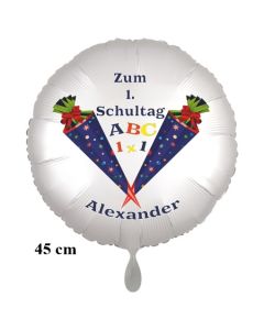 Zum 1. Schultag, personalisierter Luftballon aus Folie mit Namen des Schülers, weißer Rundballon mit Ballongas-Helium