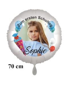 Großer Fotoballon zur Einschulung, zum 1. Schultag. Ballon in Weiß mit Foto und Namen des Schulkindes zur Einschulung