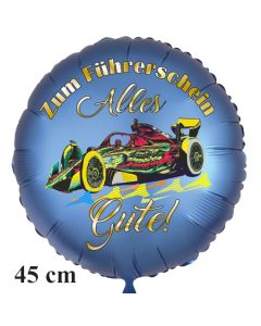 Zum Führerschein Alles Gute! Satinblauer Luftballon, 45 cm, inklusive Helium