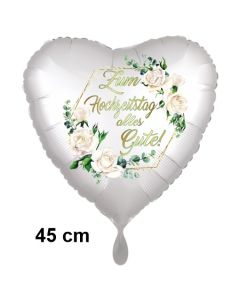 Zum Hochzeitstag alles Gute! White Roses. Herzluftballon aus Folie, Satin de Luxe, weiß, 45 cm, inklusive Helium