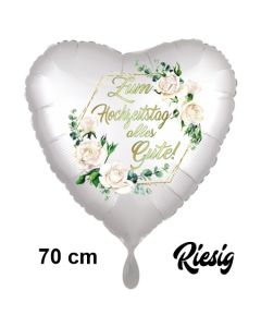 Zum Hochzeitstag alles Gute! White Roses. Herzluftballon aus Folie, Satin de Luxe, weiß, 70 cm, inklusive Helium