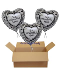3 Herzballons aus Folie mit Helium zum Muttertag: To a wonderful mum - für eine wundervolle Mutter